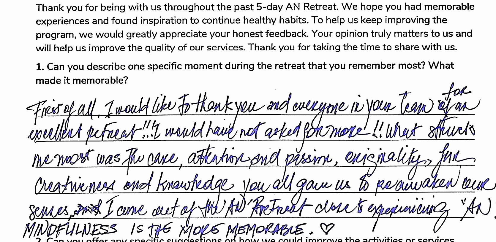 Handwritten excerpt from Julie F. Camesa's An Retreat feedback